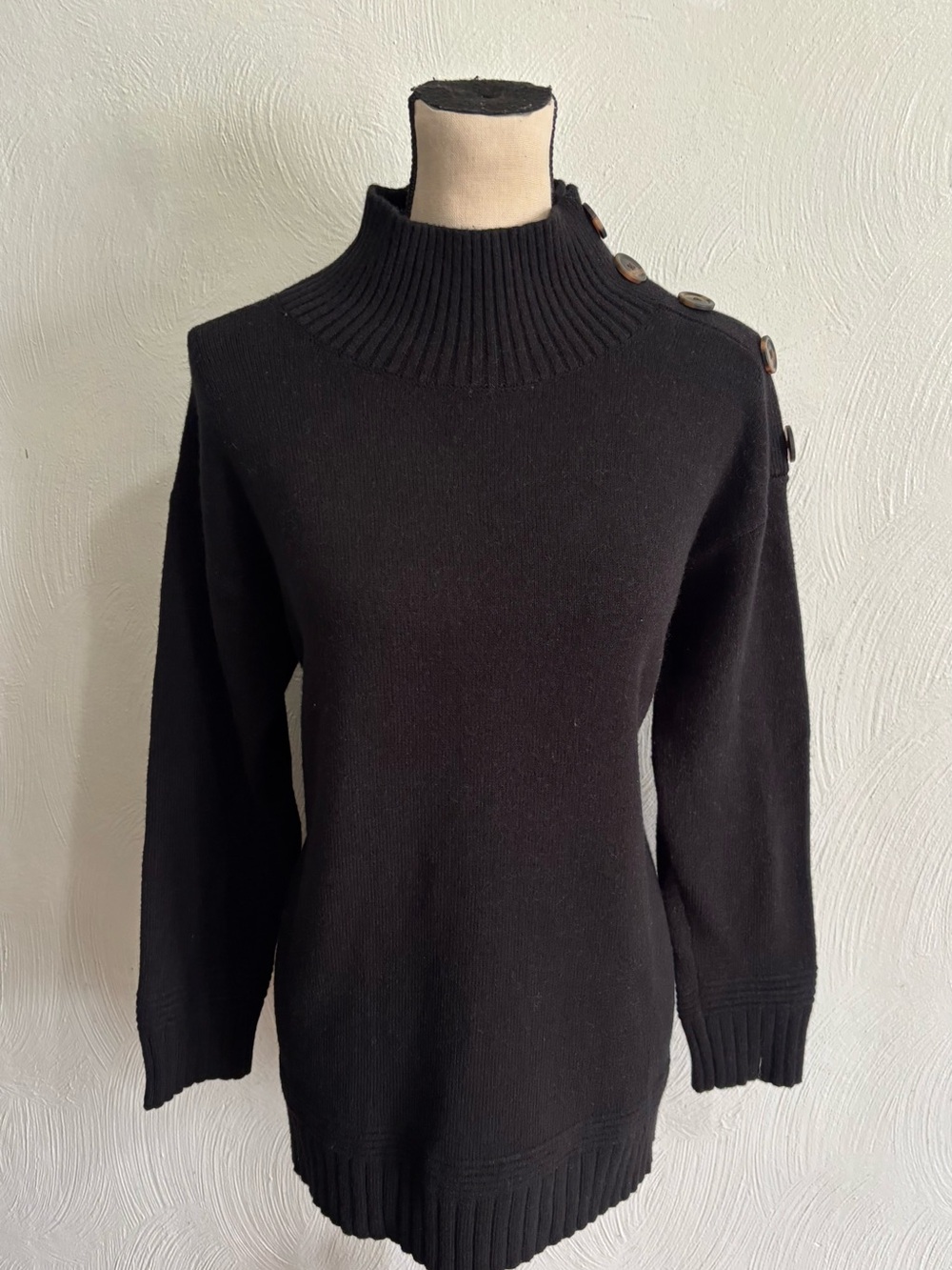 Anthropologie Margarita Black Button-Shoulder Mock Neck Tunic Sweater SM
